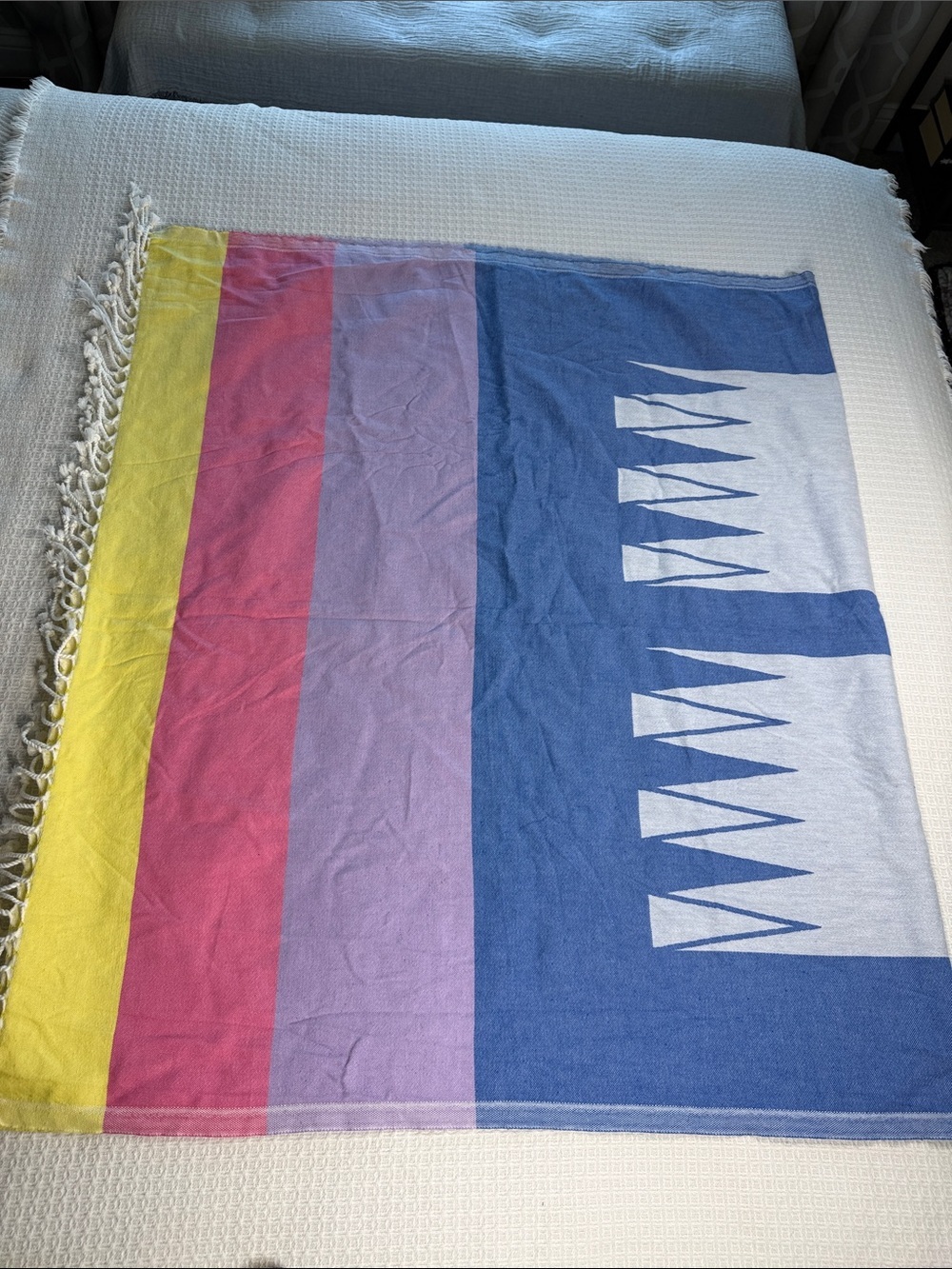 Fun colorful cotton tablecloth with corded fringe blue, white, pink, and yellow